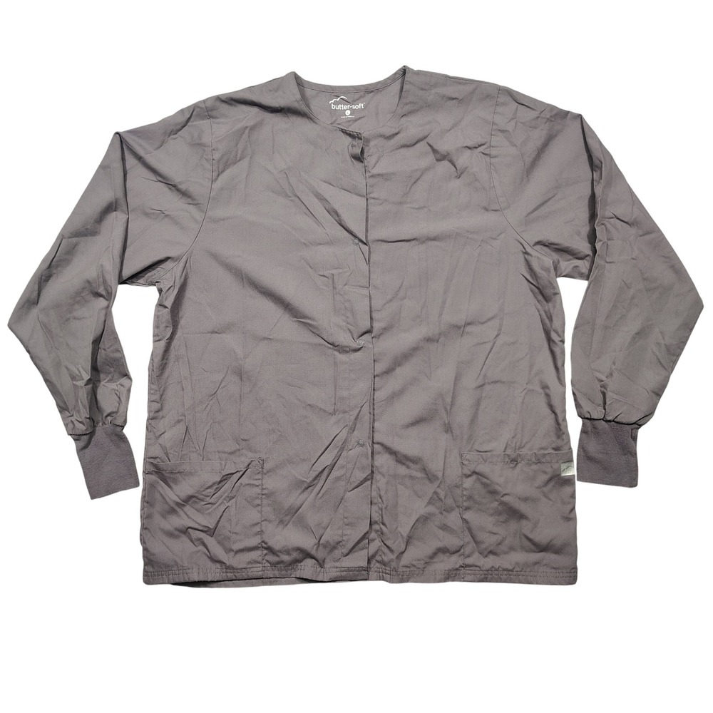 Butter-soft Scrub Jacket Womens L Snap Front Ribbed Cuffs Pockets Grey Solid